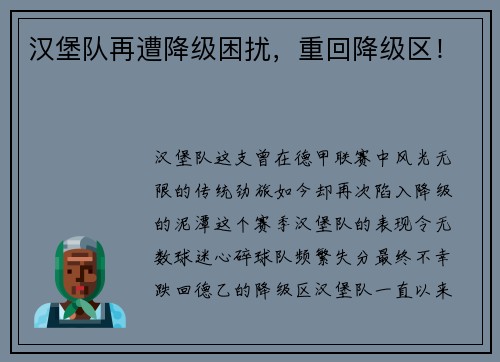 汉堡队再遭降级困扰，重回降级区！