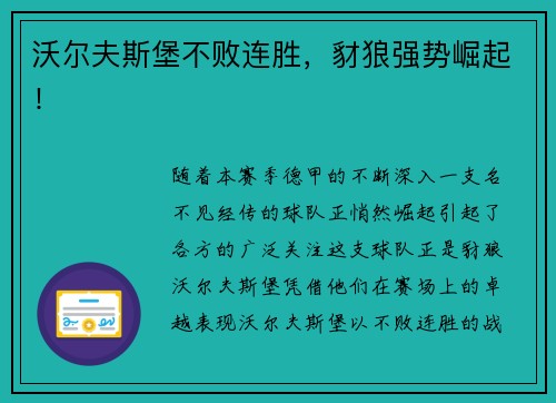 沃尔夫斯堡不败连胜，豺狼强势崛起！