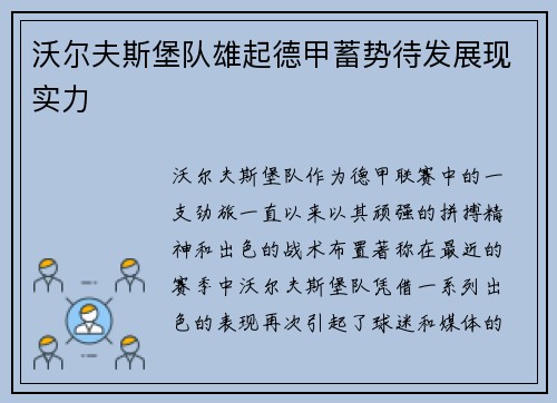 沃尔夫斯堡队雄起德甲蓄势待发展现实力