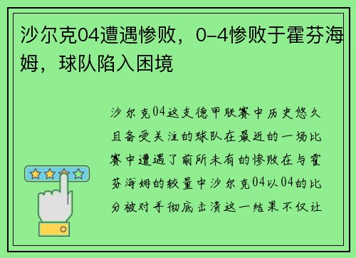 沙尔克04遭遇惨败，0-4惨败于霍芬海姆，球队陷入困境